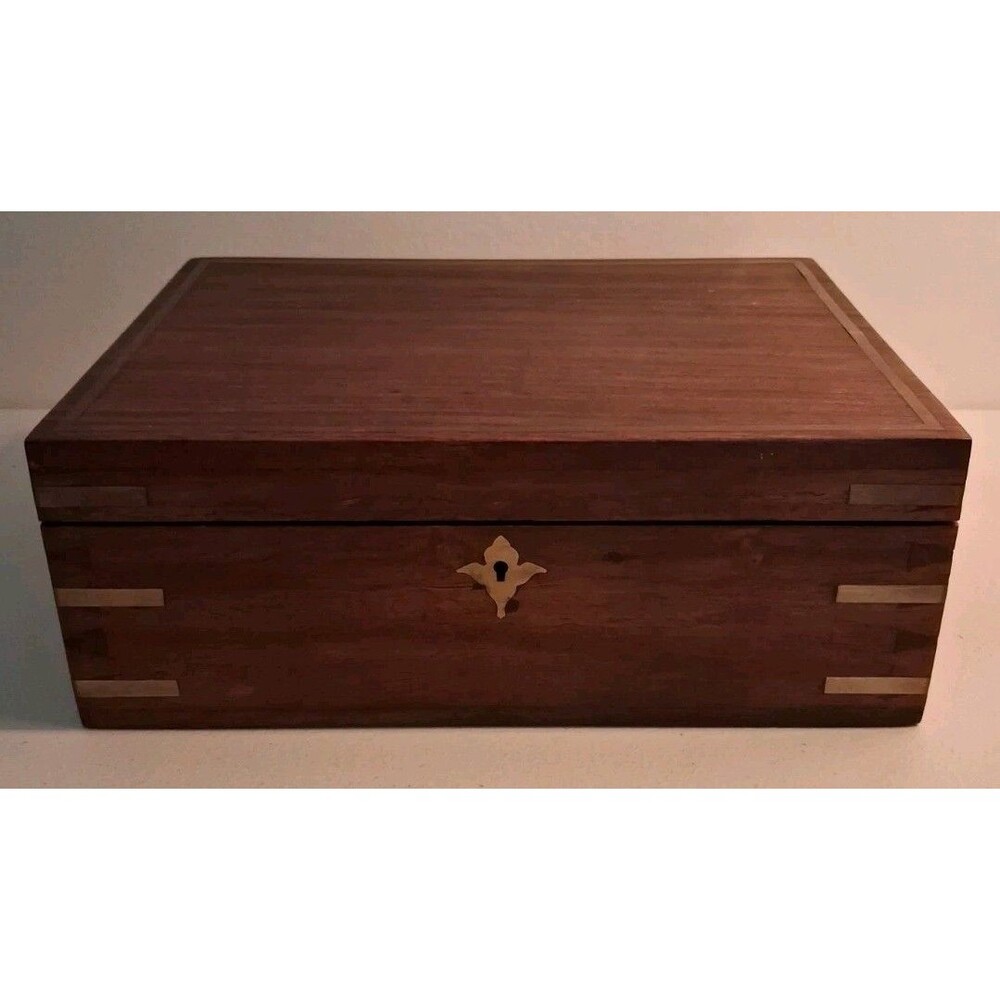 ANTIQUE COLONIAL ROSEWOOD AND FULL BRASS INLAY JEWELRY BOX